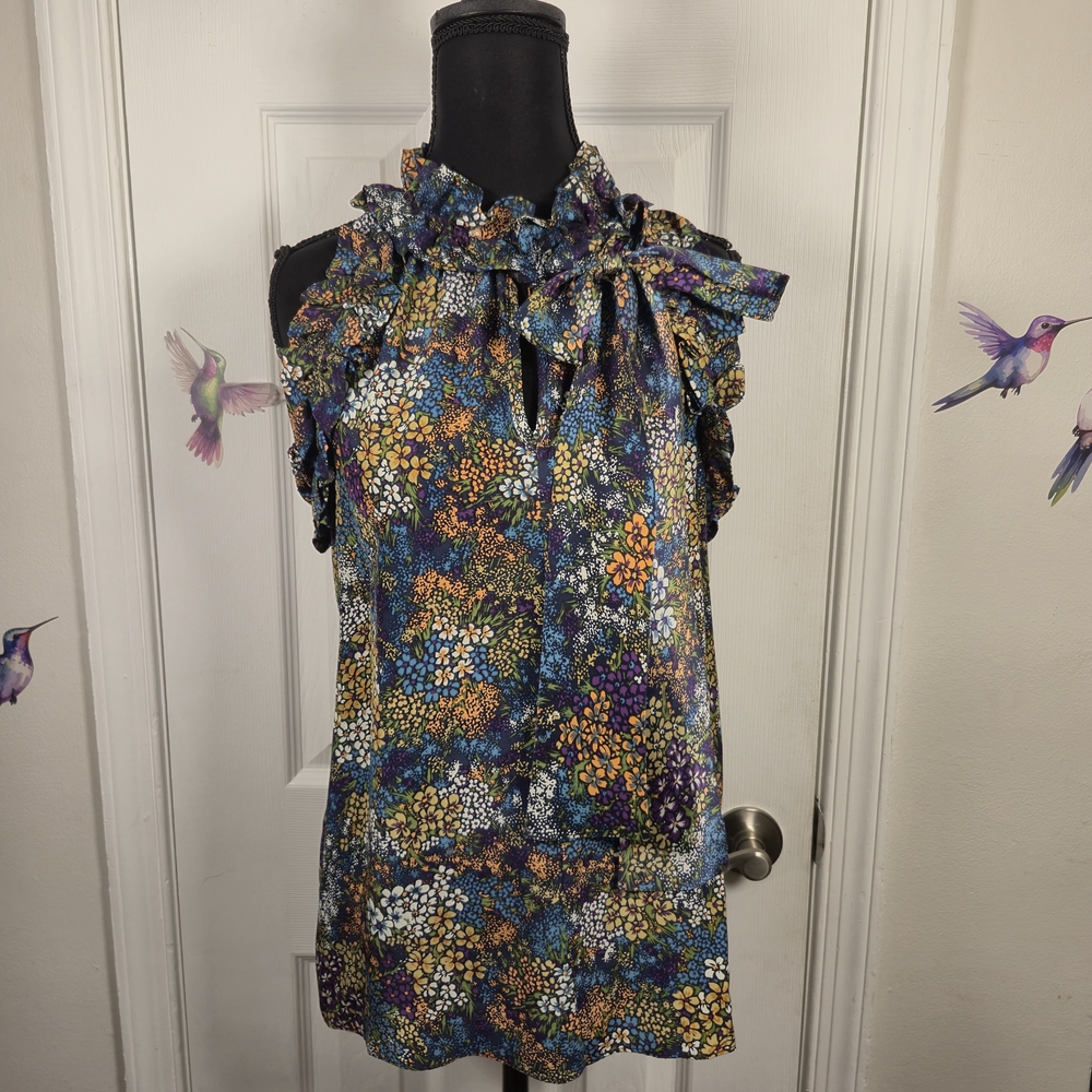 Pleione 100% Silk Ruffle Cold Shoulder Floral Print Blouse Top Size M